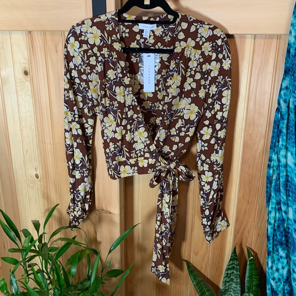 Topshop Brown Floral Wrap Blouse